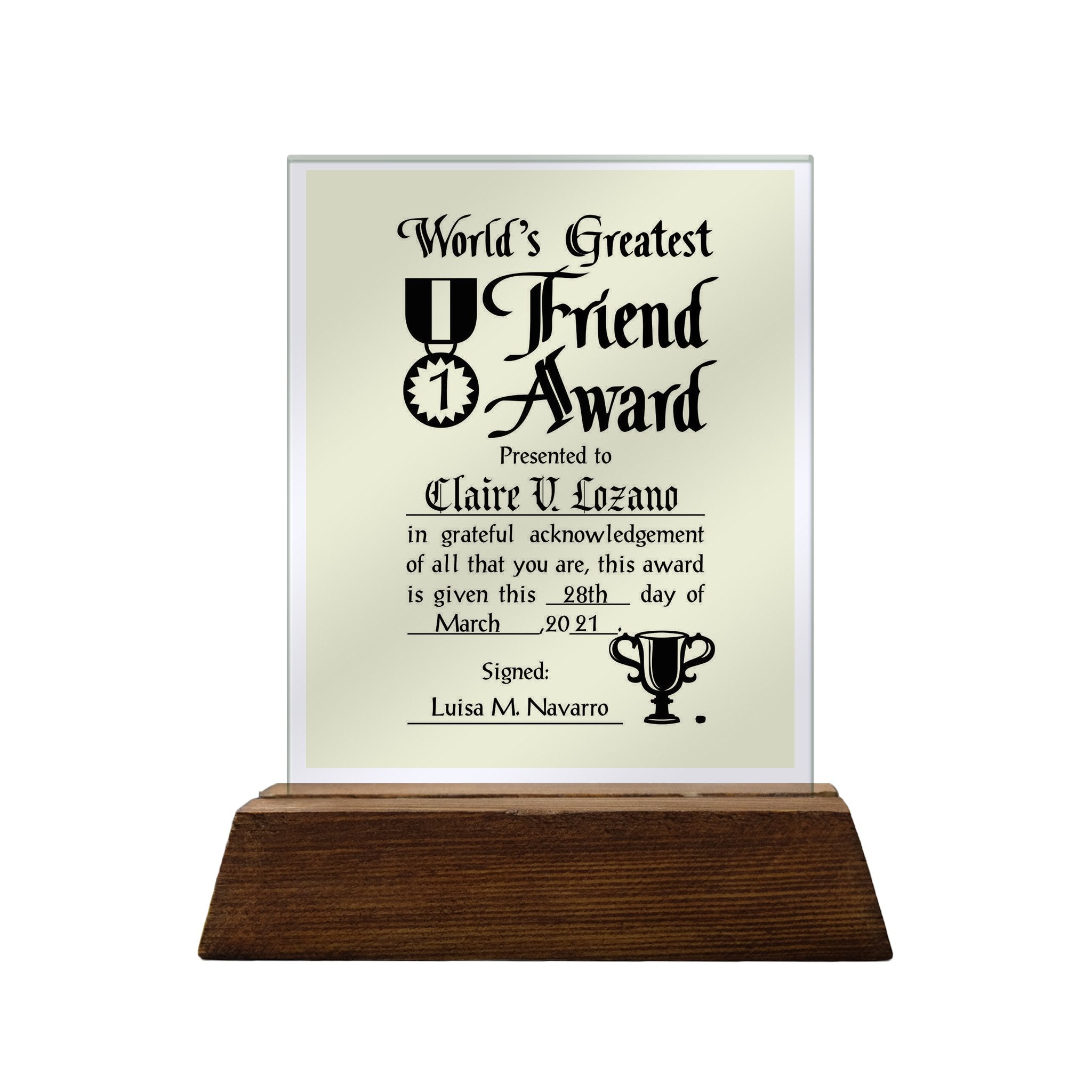 World's Greatest Friend Award Personalized Glass Plaque